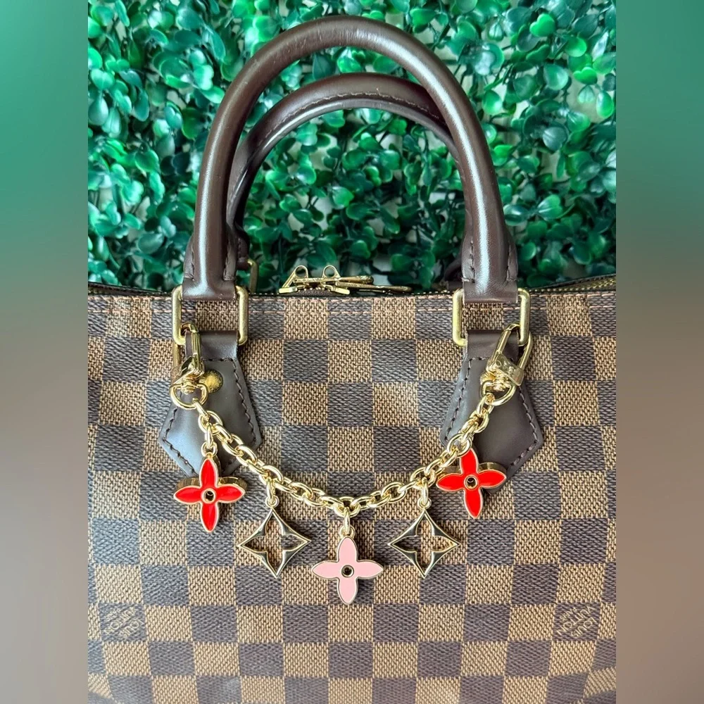 Lux Envee Gold Chain Bag Charm with Red and Pink Flower Charms